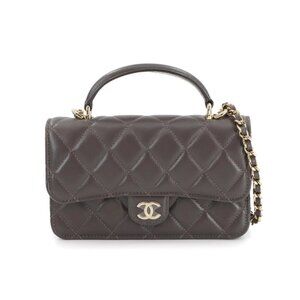 CHANEL Matelasse Chain Wallet Leather Dark Brown Top handle Purse 90277034